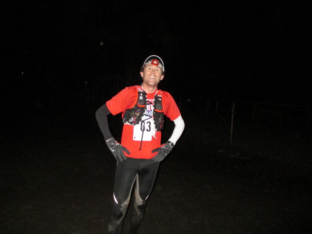 Finish photo after completing the 50k race in the dark.  Glad to be finished!