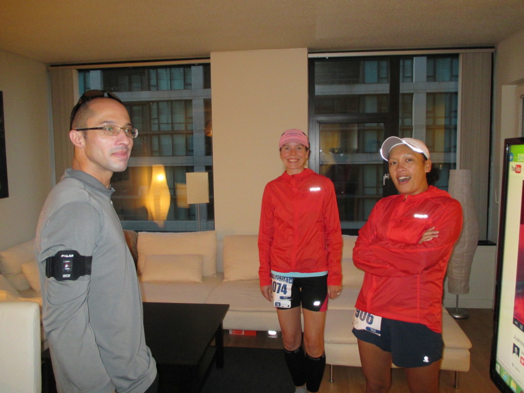 Pre-racing at our place. It worked out perfectly for them as they could jog from our apartment to the starting line for their warm up. 