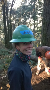 Julie rocking the hard hat! It was cold, low 30's when we headed up the mountain.